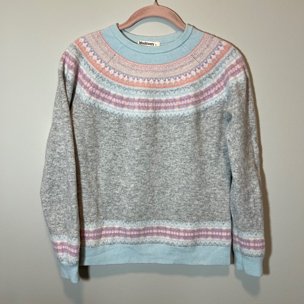 Woolovers Womens Merino Wool Fair Isle Sweater Grey Pastel Nordic Knit Small